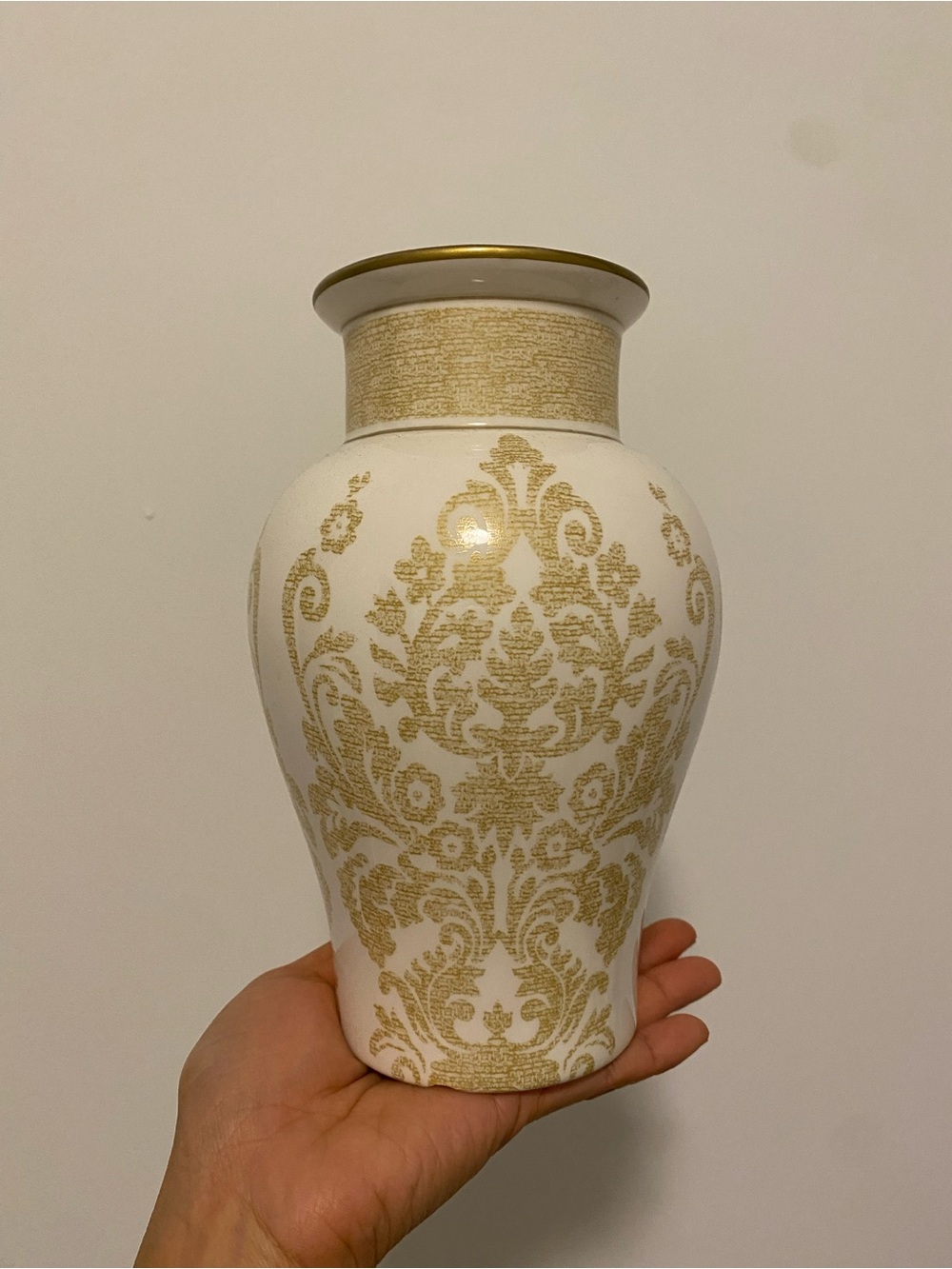Vintage White & Gold Damask Ceramic Urn Vase
